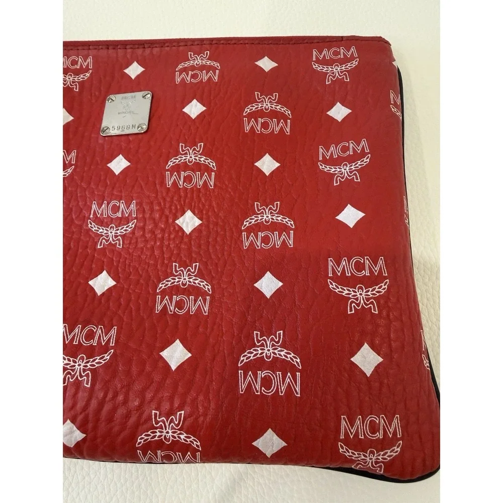 MCM Red Pebbled‎ Clutch Wristlet with Logo Accent Wrist Strap